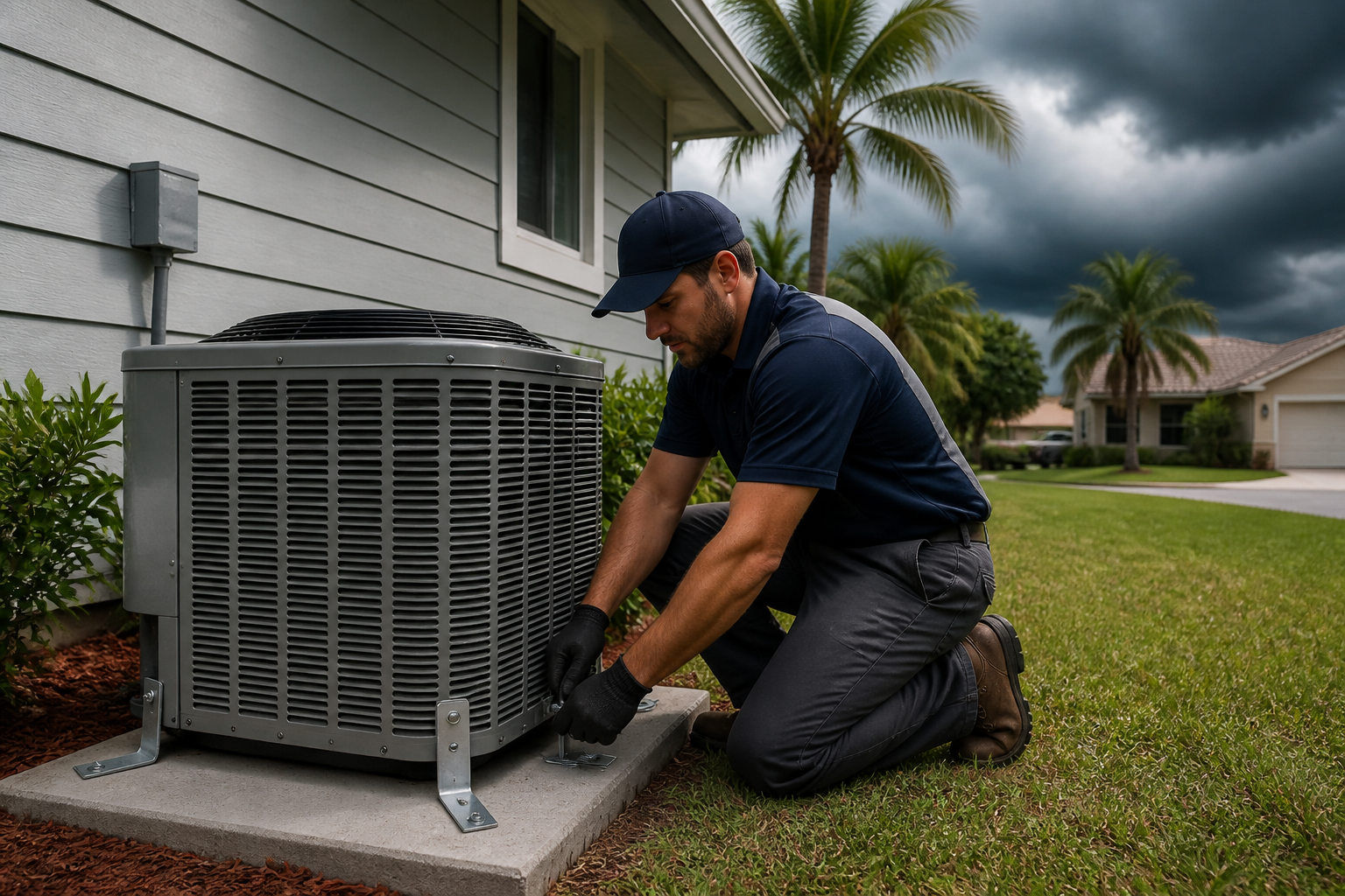 Core Climate Solutions technician securing AC unit before hurricane